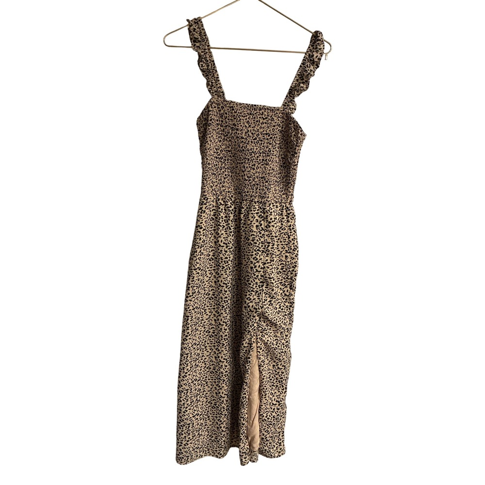 Abercrombie & Fitch Leopard Print Smocked Midi Dress Tan Black XS Slit Ruffle